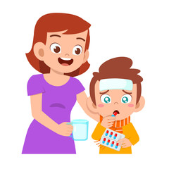 sad sick kid boy given medicine by mom