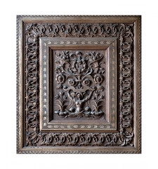 Wooden decorative architectural panel with floral ornament isolated on a white background