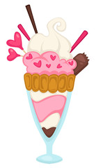 Sweets with cream and chocolate heart shape sticks in glass cup vector
