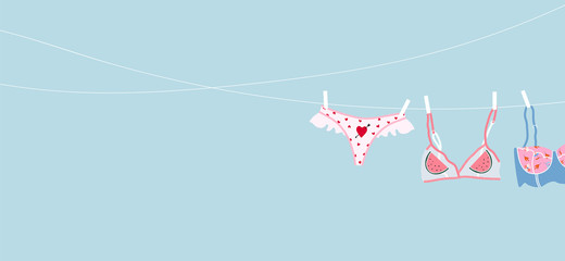 Women panties are dried on a rope. Modern illustration of the trendy female teenage underwear. Laundry concept. Beautiful women's apparel. Transparent bra and fashionable thong panties. Web design.