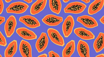Orange papaya pattern on purple background. Exotic summer fruit seamless design for web and print. Trendy vector illustrated pattern. Hawaiian fruits. 