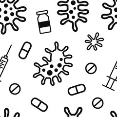 Vector outline pattern with viruses, bacteria, vaccine, syringe, drug, pills on white background. Symbols of virology, epidemiology, vaccination. Disease prevention
