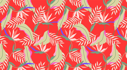 Fototapeta na wymiar Red vibrant seamless exotic pattern. Tropical design for web and print. Strelitzia flowers, beige and soft green palm leaves on a red background. Modern hand drawn vector pattern design. 