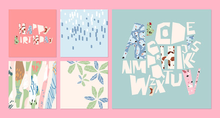 Artistic card set. Hand drawn banner, vector templates. Tropical abstract drawing. Cards, posters and creative trendy alphabet. Isolated typeface letters. Shape and stroke arrangement on paper sheets.