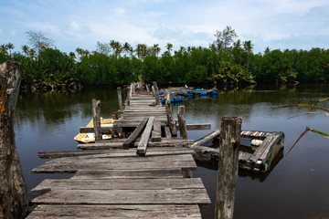Fototapeta na wymiar Traditional fishing village scenery located in Terengganu, Malaysia under blue sky background