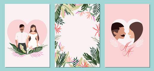 Tropical wedding invitations. Summer wedding cards. Bride and groom. Tropical Hawaiian honeymoon. Jungle concept. Save the date RSVP template. Happy romantic couple. Vector wedding card design. 