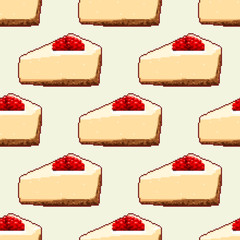Vector Illustration of pixel pice of cake. Seamless pattern.  Pixel art 8 bit. 