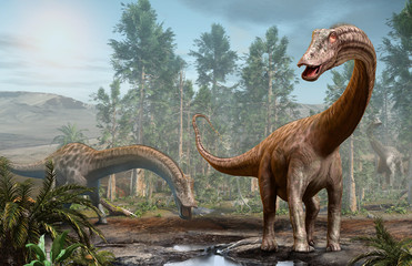 Diplodocus dinosaur scene from the Jurassic era 3D illustration - obrazy, fototapety, plakaty