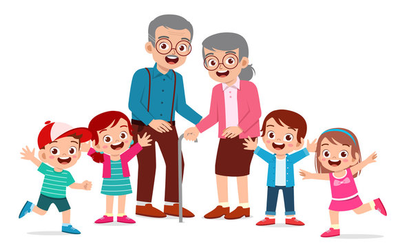 happy cute old man and woman with family together
