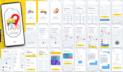 Design of the Mobile Application, UI, UX. Set of GUI Screens with Login and Password input, and screens with Taxi Orders and Car Navigation in the City © GraphicPapa