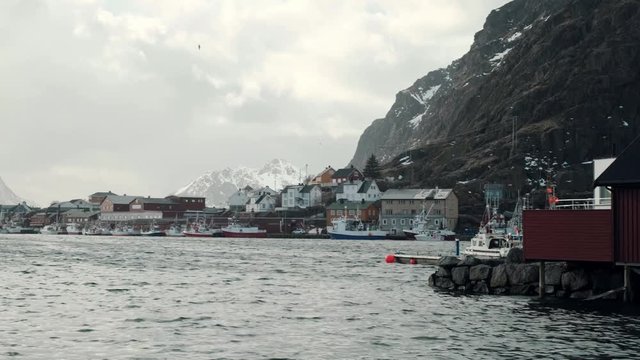 sideway video of small cozy town Stamsund in Lofoten islands. Birds flying around fishing boats during fishing season. typical Norwegian town and harbor.