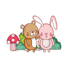 cute animals, rabbit bear bush mushroom nature cartoon