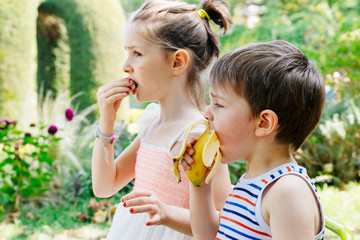 Obraz premium Siblings eating bananas in the garden. Little boy having an afternoon snack outdoors. Children healthy diet. Lifestyles with kids at summer holidays. Healthy vegan habits. Organic fruit for good diet.