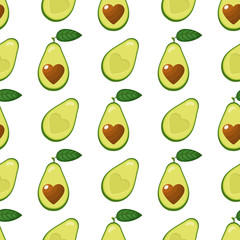 Seamless pattern with fresh half avocado with heart isolated on white background. Summer fruits for healthy lifestyle. Organic fruit. Cartoon style. Vector illustration for any design.