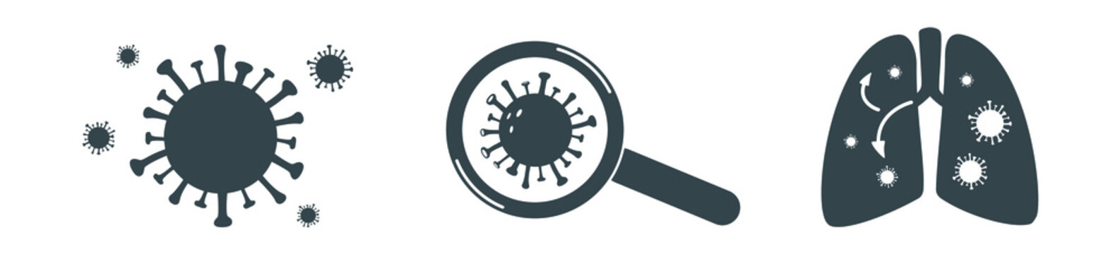 Coronavirus 2019-nCoV Infographic Design Elements On White Background. Isolated Corona Virus Flat Icon Set With Covid19 Silhouette, Detection Of Infection And Lung Affection. Wuhan Pneumonia. Vector