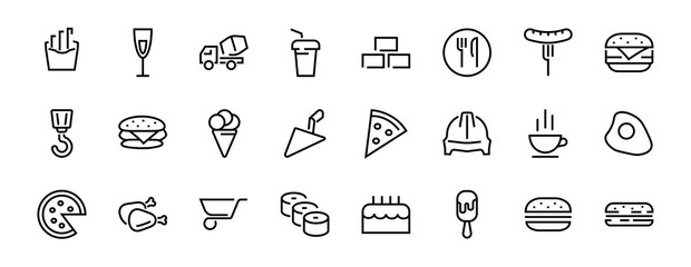   A simple set of fast food icons related to the vector line. Contains icons such as pizza, burger, sushi, bike, scrambled eggs and more. EDITABLE stroke. 480x480 pixels perfect, EPS 10