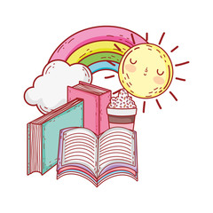 open book in stacked books rainbow sun cartoon