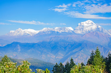 Jungle and landscape Himalayas in Nepal beautiful mountains amid blue sky