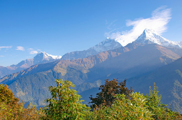 Jungle and landscape Himalayas in Nepal beautiful mountains amid blue sky