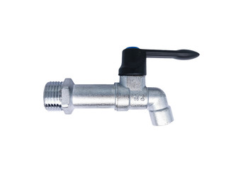 Closeup a new 1/2-inch faucet isolated on white background without shadow. Metal faucet with black valve