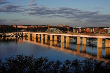 Stockholm, Sweden March 28, 2020 The Lidingo bridge at dawn.