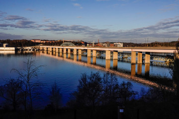 Stockholm, Sweden March 28, 2020 The Lidingo bridge at dawn.