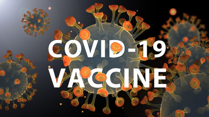 Molecules of Coronavirus under microscope with Coronavirus Covid-19 Vaccine text captured by molecules parts. Depth of field with virus particles out of focus