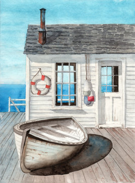 Watercolor illustration with  a white beach cabin on a wood pier  and a fishing boat