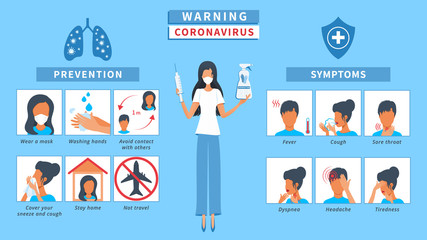covid-19, coronavirus protection tips, symptoms and disease prevention infographic, health and medical concept. Coronavirus alert. Icons of infected people with fever, cough, sore throat, headache