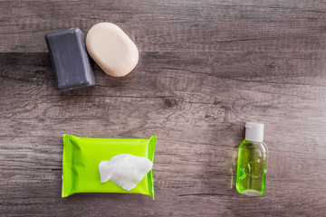 Personal protective equipment against viruses, personal hygiene concept, antiseptic gel, disinfectant wipes and soap. Protection against infections and coronovirus