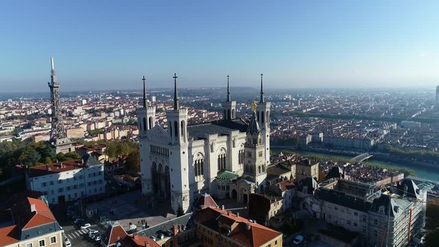 Lyon, Aerial view of Notre Dame de Fourviere Basilica