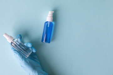 medical concept on a blue background. Means of protection against the virus: medical mask,...