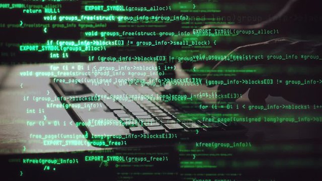 Male programmer types program code on laptop. Green source code overlay. Code and information hologram. Personal data protection, password safety, private key and cyber attack prevention concept.