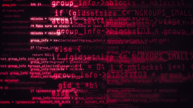 Red Blocks of abstract program code are written and moved in the virtual space. Data flow animation. IT, software development and hacking concept. encrypted security code