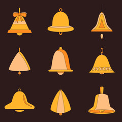 Set of different vector bells. Hand bell, hanging bell, jingle bell, decorative variation of form. Flat cartoon icons. Collection of items isolated on dark background