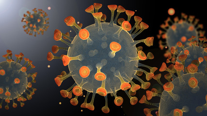 Molecules of Coronavirus under microscope with Coronavirus Covid-19 Vaccine text captured by molecules parts. Depth of field with virus particles out of focus