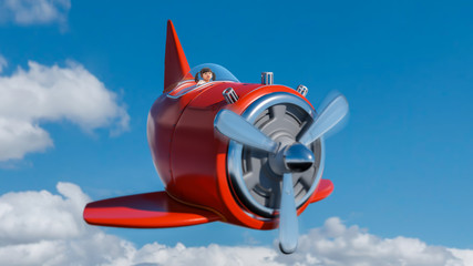 Little cute asian girl hike on red old cartoon airplane on the sky. 3d rendering