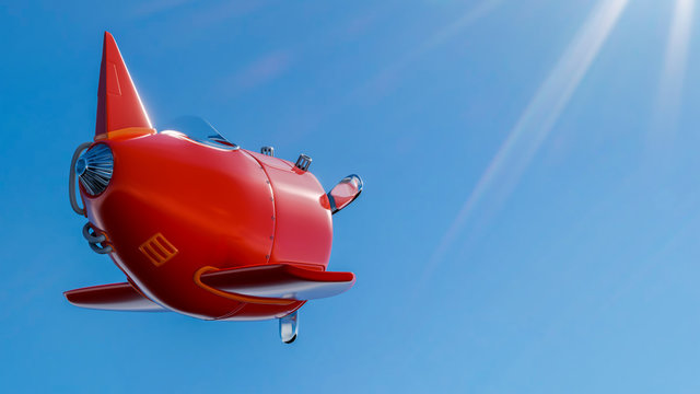 3D Rendering Of Cartoon Red Jet On Clear Blue Sky.