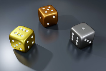Poker dice. View of golden, silver and bronze dice. Casino dice on grey background. Online casino dice gambling concept isolated on grey