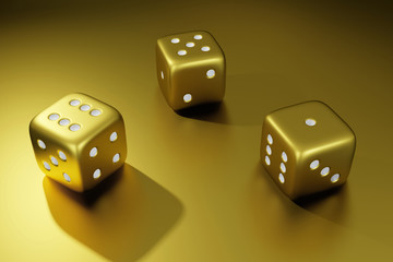 Set of golden dice cubes with white dot. 3D rendering. Lucky numbers. Number games.