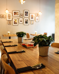 Japanese asian cafe restaurant interior, warm light, wooden tables, green flower, upright