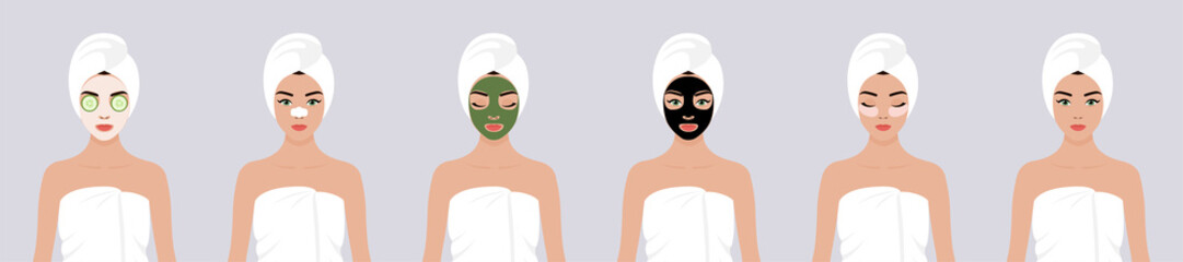 A set of six vector stock flat illustrations. A young girl wrapped in a towel, with a towel on her head, with different types of cosmetic masks on her face. The concept of self-care for the skin