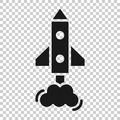 Fototapeta premium Rocket icon in flat style. Spaceship launch vector illustration on white isolated background. Sputnik business concept.