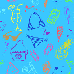Summer seamless pattern. Ink sketch and stains.