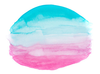 Hand-drawn textured azure blue, fuchsia pink watercolor painted shape suitable as a background
