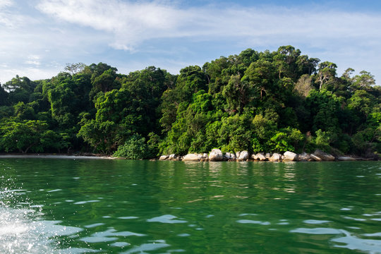 Beauty In Nature, Monkey Bay Beach Located In Pangkor Island, Perak State, Malaysia Under Bright Sunny Day And Blue Sky Background