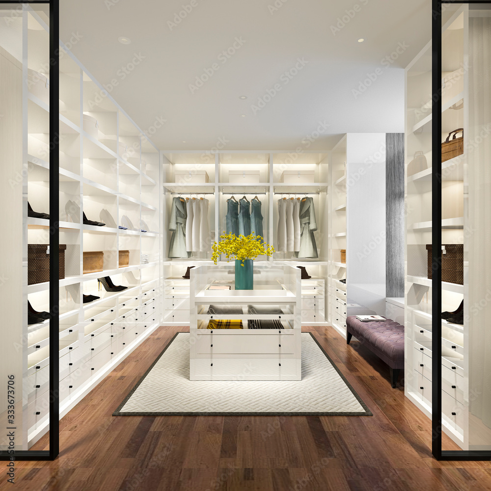 Wall mural 3d rendering minimal white scandinavian wood walk in closet with wardrobe