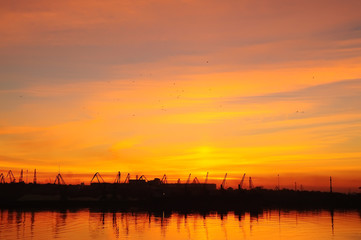 Fototapeta na wymiar Dark sunset photo of silhouettes of cargo cranes in the port.