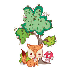 cute animals, little fox mushroom tree nature cartoon
