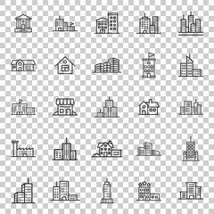 Building icon set in flat style. Town skyscraper apartment vector illustration on white isolated background. City tower business concept.